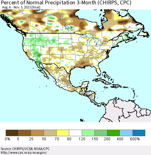 North America Percent of Normal Precipitation 3-Month (CHIRPS) Thematic Map For 8/6/2023 - 11/5/2023
