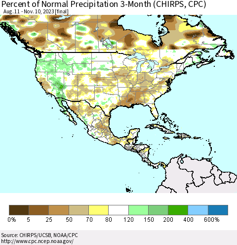 North America Percent of Normal Precipitation 3-Month (CHIRPS) Thematic Map For 8/11/2023 - 11/10/2023