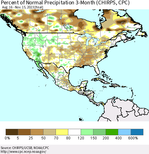 North America Percent of Normal Precipitation 3-Month (CHIRPS) Thematic Map For 8/16/2023 - 11/15/2023