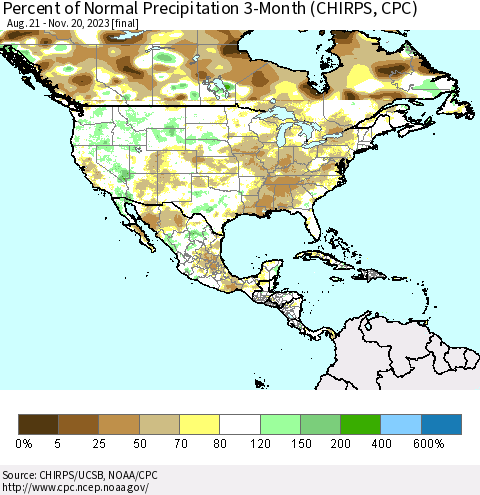 North America Percent of Normal Precipitation 3-Month (CHIRPS) Thematic Map For 8/21/2023 - 11/20/2023