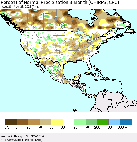North America Percent of Normal Precipitation 3-Month (CHIRPS) Thematic Map For 8/26/2023 - 11/25/2023
