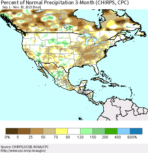North America Percent of Normal Precipitation 3-Month (CHIRPS) Thematic Map For 9/1/2023 - 11/30/2023