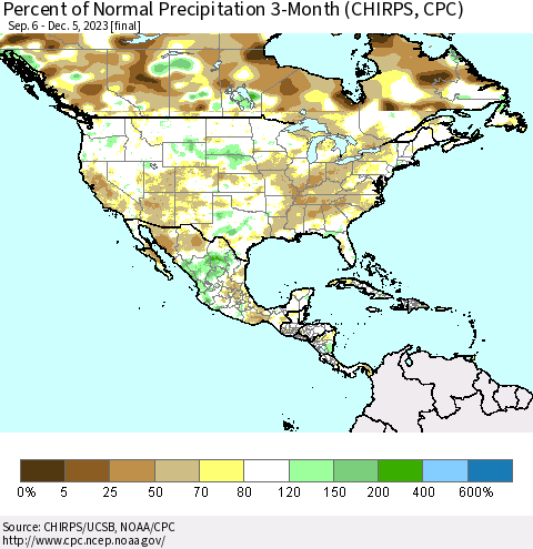 North America Percent of Normal Precipitation 3-Month (CHIRPS) Thematic Map For 9/6/2023 - 12/5/2023