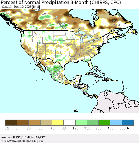 North America Percent of Normal Precipitation 3-Month (CHIRPS) Thematic Map For 9/11/2023 - 12/10/2023