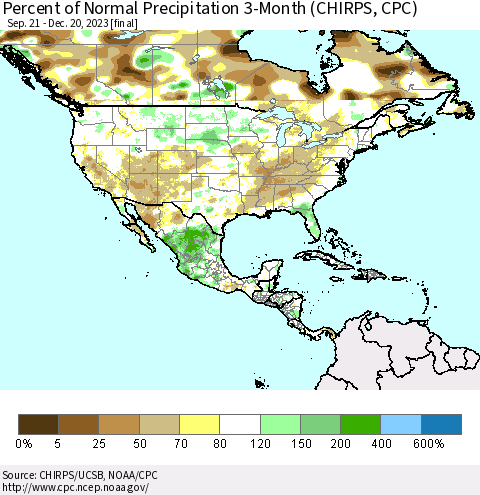 North America Percent of Normal Precipitation 3-Month (CHIRPS) Thematic Map For 9/21/2023 - 12/20/2023