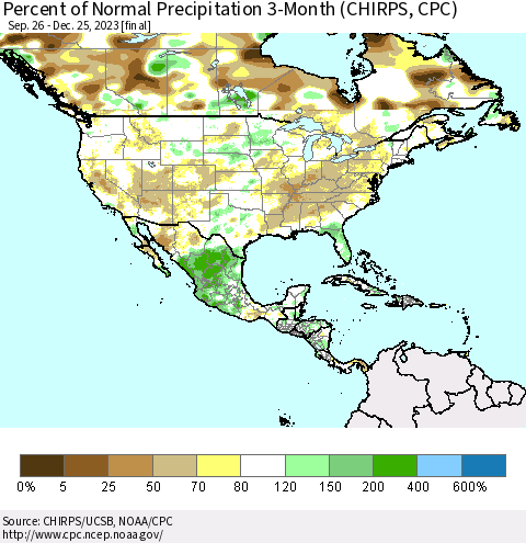 North America Percent of Normal Precipitation 3-Month (CHIRPS) Thematic Map For 9/26/2023 - 12/25/2023
