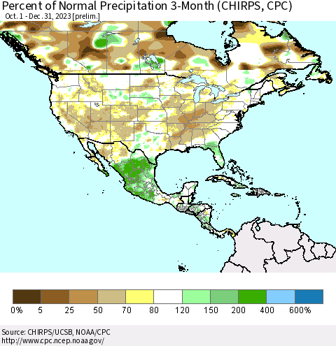 North America Percent of Normal Precipitation 3-Month (CHIRPS) Thematic Map For 10/1/2023 - 12/31/2023
