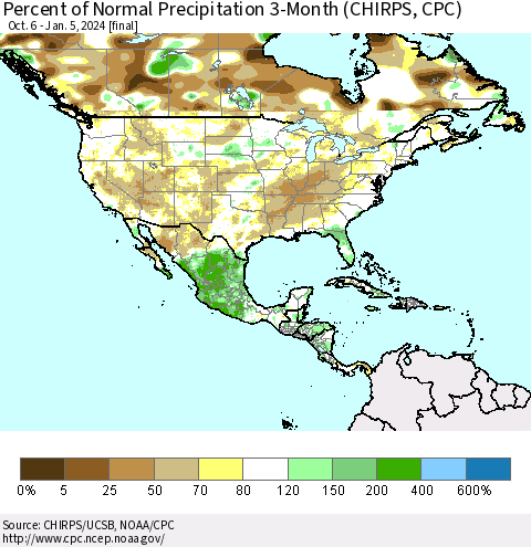 North America Percent of Normal Precipitation 3-Month (CHIRPS) Thematic Map For 10/6/2023 - 1/5/2024