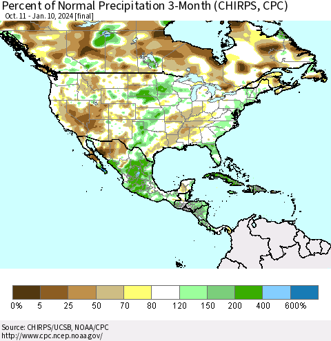 North America Percent of Normal Precipitation 3-Month (CHIRPS) Thematic Map For 10/11/2023 - 1/10/2024