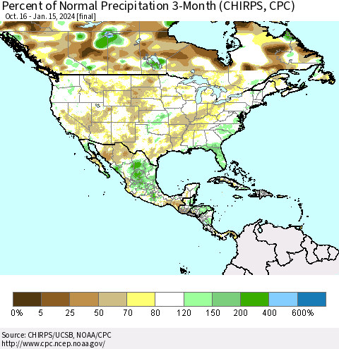 North America Percent of Normal Precipitation 3-Month (CHIRPS) Thematic Map For 10/16/2023 - 1/15/2024