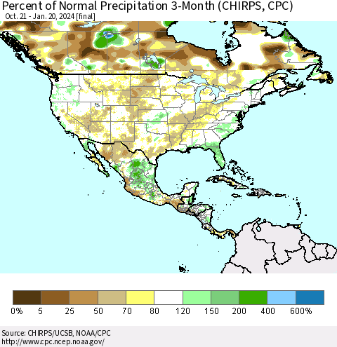 North America Percent of Normal Precipitation 3-Month (CHIRPS) Thematic Map For 10/21/2023 - 1/20/2024