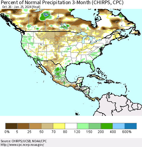 North America Percent of Normal Precipitation 3-Month (CHIRPS) Thematic Map For 10/26/2023 - 1/25/2024