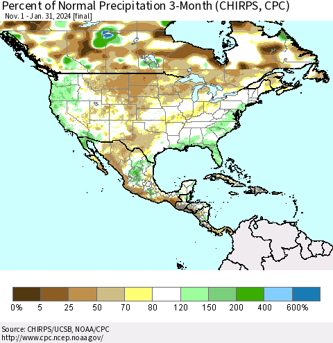 North America Percent of Normal Precipitation 3-Month (CHIRPS) Thematic Map For 11/1/2023 - 1/31/2024