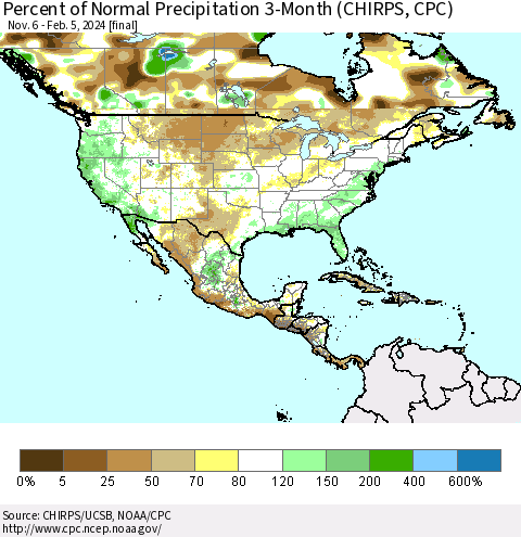 North America Percent of Normal Precipitation 3-Month (CHIRPS) Thematic Map For 11/6/2023 - 2/5/2024