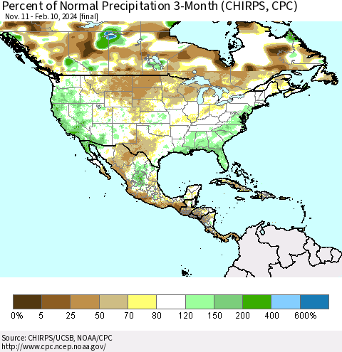North America Percent of Normal Precipitation 3-Month (CHIRPS) Thematic Map For 11/11/2023 - 2/10/2024