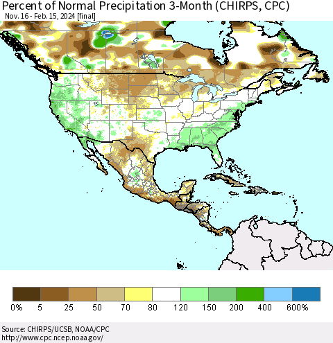 North America Percent of Normal Precipitation 3-Month (CHIRPS) Thematic Map For 11/16/2023 - 2/15/2024