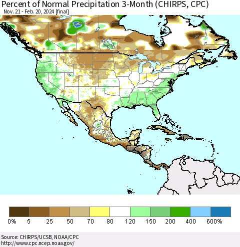 North America Percent of Normal Precipitation 3-Month (CHIRPS) Thematic Map For 11/21/2023 - 2/20/2024