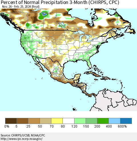 North America Percent of Normal Precipitation 3-Month (CHIRPS) Thematic Map For 11/26/2023 - 2/25/2024