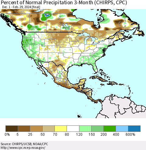 North America Percent of Normal Precipitation 3-Month (CHIRPS) Thematic Map For 12/1/2023 - 2/29/2024