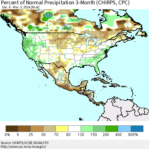 North America Percent of Normal Precipitation 3-Month (CHIRPS) Thematic Map For 12/6/2023 - 3/5/2024