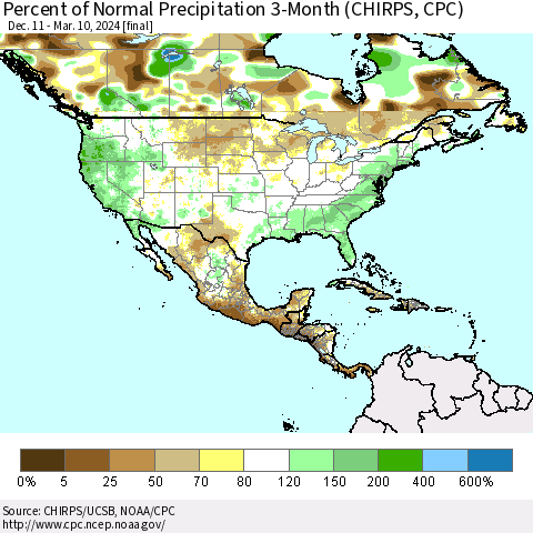 North America Percent of Normal Precipitation 3-Month (CHIRPS) Thematic Map For 12/11/2023 - 3/10/2024