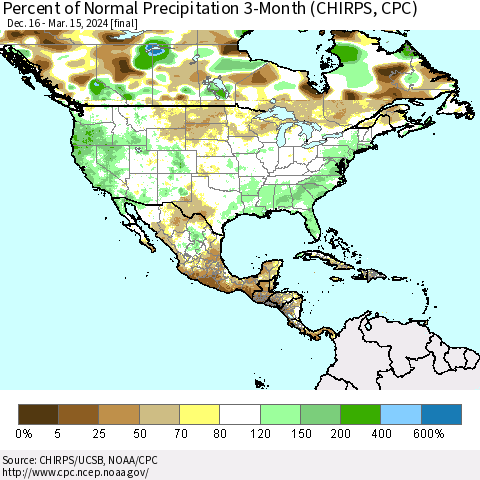 North America Percent of Normal Precipitation 3-Month (CHIRPS) Thematic Map For 12/16/2023 - 3/15/2024