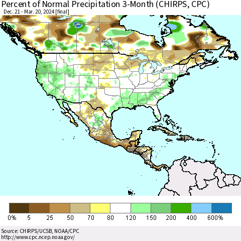 North America Percent of Normal Precipitation 3-Month (CHIRPS) Thematic Map For 12/21/2023 - 3/20/2024