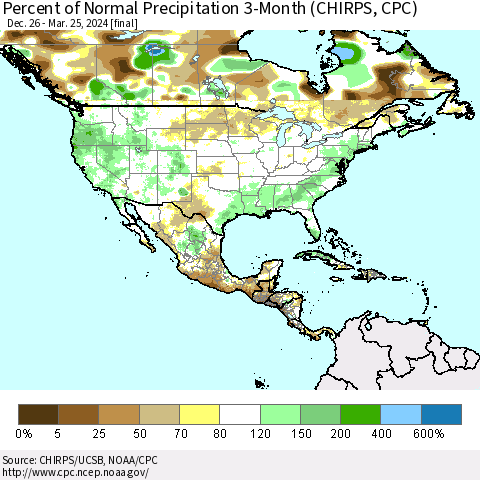 North America Percent of Normal Precipitation 3-Month (CHIRPS) Thematic Map For 12/26/2023 - 3/25/2024