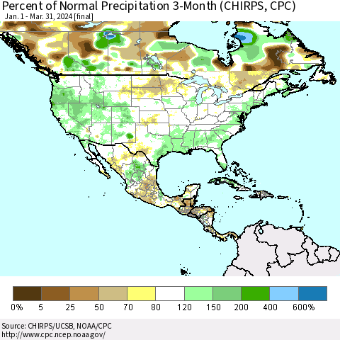 North America Percent of Normal Precipitation 3-Month (CHIRPS) Thematic Map For 1/1/2024 - 3/31/2024