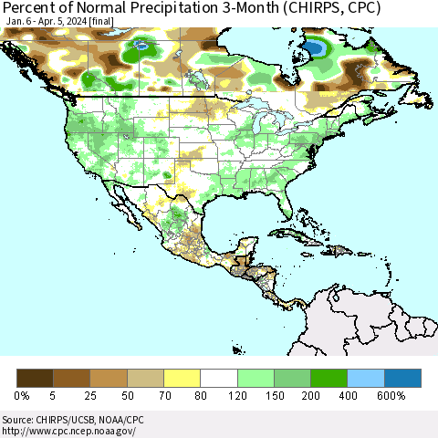 North America Percent of Normal Precipitation 3-Month (CHIRPS) Thematic Map For 1/6/2024 - 4/5/2024