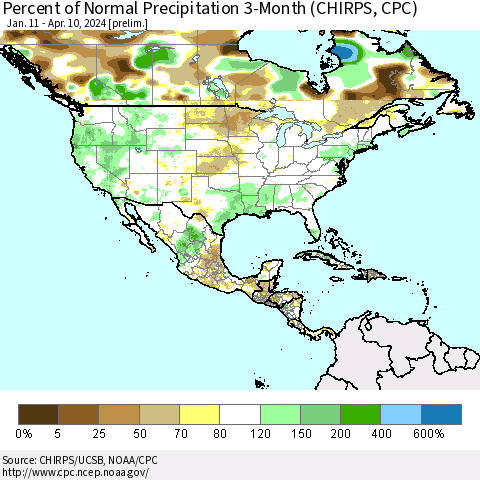 North America Percent of Normal Precipitation 3-Month (CHIRPS) Thematic Map For 1/11/2024 - 4/10/2024