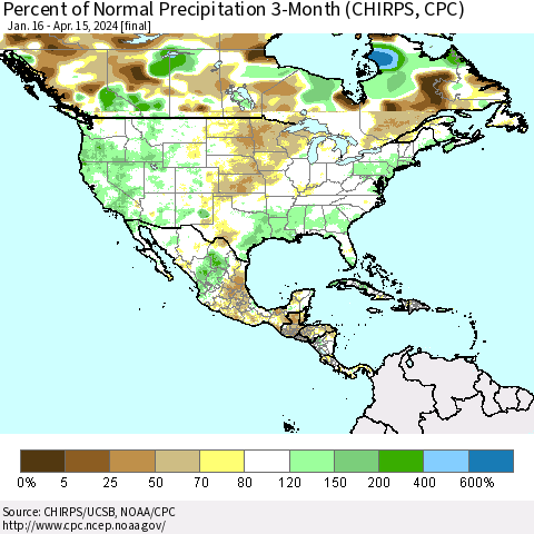 North America Percent of Normal Precipitation 3-Month (CHIRPS) Thematic Map For 1/16/2024 - 4/15/2024