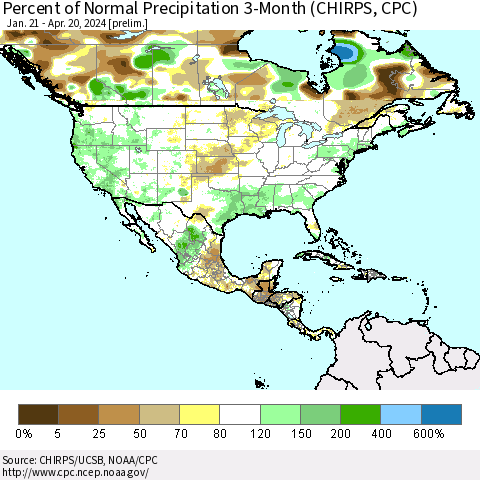 North America Percent of Normal Precipitation 3-Month (CHIRPS) Thematic Map For 1/21/2024 - 4/20/2024