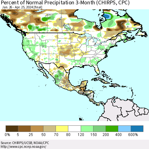 North America Percent of Normal Precipitation 3-Month (CHIRPS) Thematic Map For 1/26/2024 - 4/25/2024