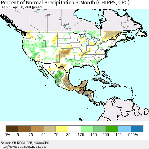 North America Percent of Normal Precipitation 3-Month (CHIRPS) Thematic Map For 2/1/2024 - 4/30/2024