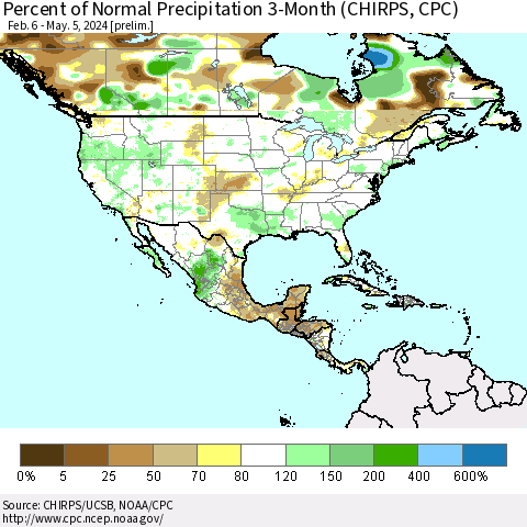 North America Percent of Normal Precipitation 3-Month (CHIRPS) Thematic Map For 2/6/2024 - 5/5/2024