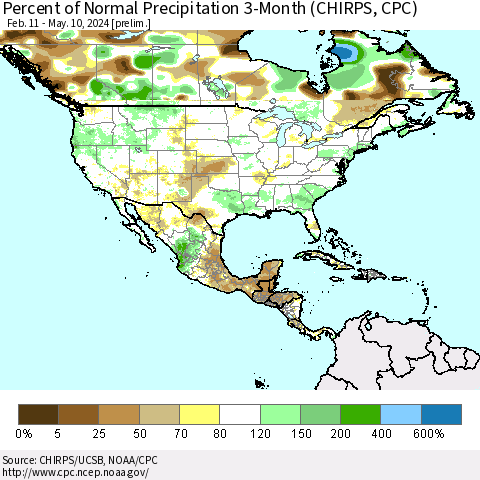 North America Percent of Normal Precipitation 3-Month (CHIRPS) Thematic Map For 2/11/2024 - 5/10/2024