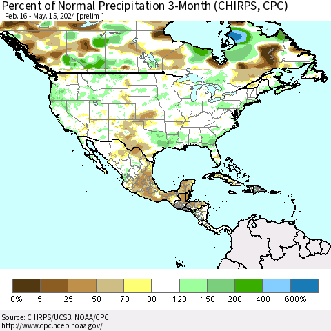 North America Percent of Normal Precipitation 3-Month (CHIRPS) Thematic Map For 2/16/2024 - 5/15/2024