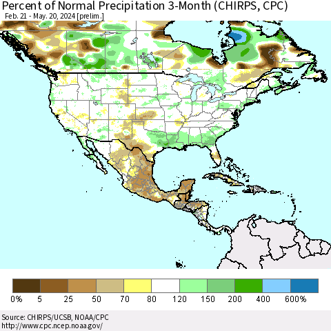 North America Percent of Normal Precipitation 3-Month (CHIRPS) Thematic Map For 2/21/2024 - 5/20/2024