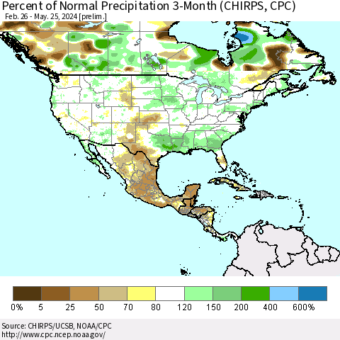 North America Percent of Normal Precipitation 3-Month (CHIRPS) Thematic Map For 2/26/2024 - 5/25/2024