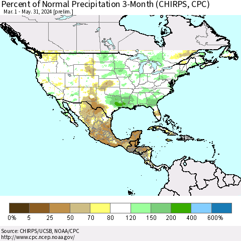 North America Percent of Normal Precipitation 3-Month (CHIRPS) Thematic Map For 3/1/2024 - 5/31/2024