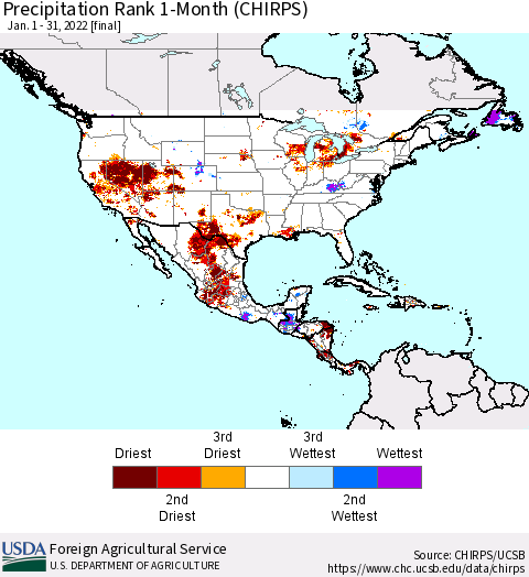North America Precipitation Rank since 1981, 1-Month (CHIRPS) Thematic Map For 1/1/2022 - 1/31/2022
