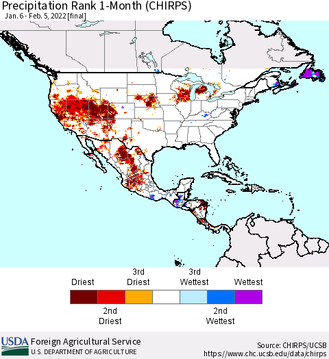 North America Precipitation Rank since 1981, 1-Month (CHIRPS) Thematic Map For 1/6/2022 - 2/5/2022