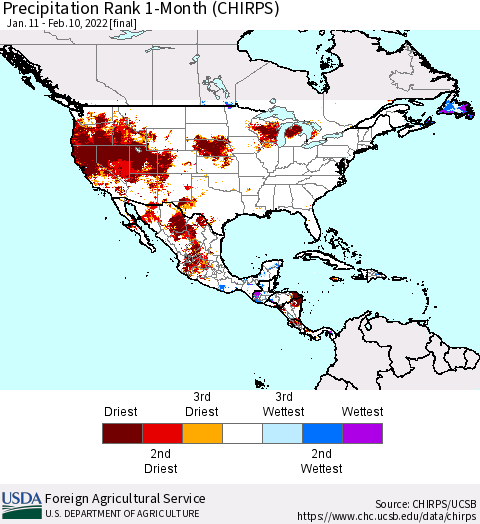North America Precipitation Rank since 1981, 1-Month (CHIRPS) Thematic Map For 1/11/2022 - 2/10/2022