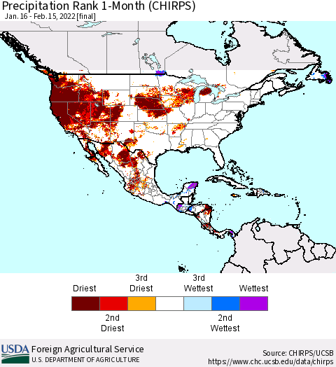 North America Precipitation Rank since 1981, 1-Month (CHIRPS) Thematic Map For 1/16/2022 - 2/15/2022