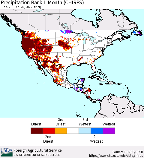 North America Precipitation Rank since 1981, 1-Month (CHIRPS) Thematic Map For 1/21/2022 - 2/20/2022