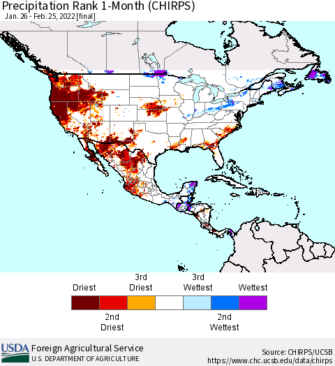 North America Precipitation Rank since 1981, 1-Month (CHIRPS) Thematic Map For 1/26/2022 - 2/25/2022