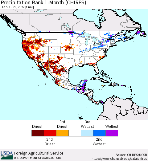 North America Precipitation Rank since 1981, 1-Month (CHIRPS) Thematic Map For 2/1/2022 - 2/28/2022