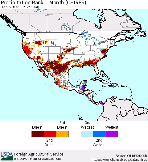 North America Precipitation Rank since 1981, 1-Month (CHIRPS) Thematic Map For 2/6/2022 - 3/5/2022