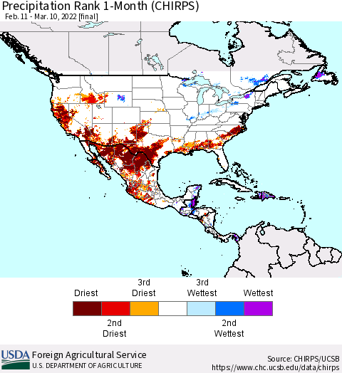 North America Precipitation Rank since 1981, 1-Month (CHIRPS) Thematic Map For 2/11/2022 - 3/10/2022